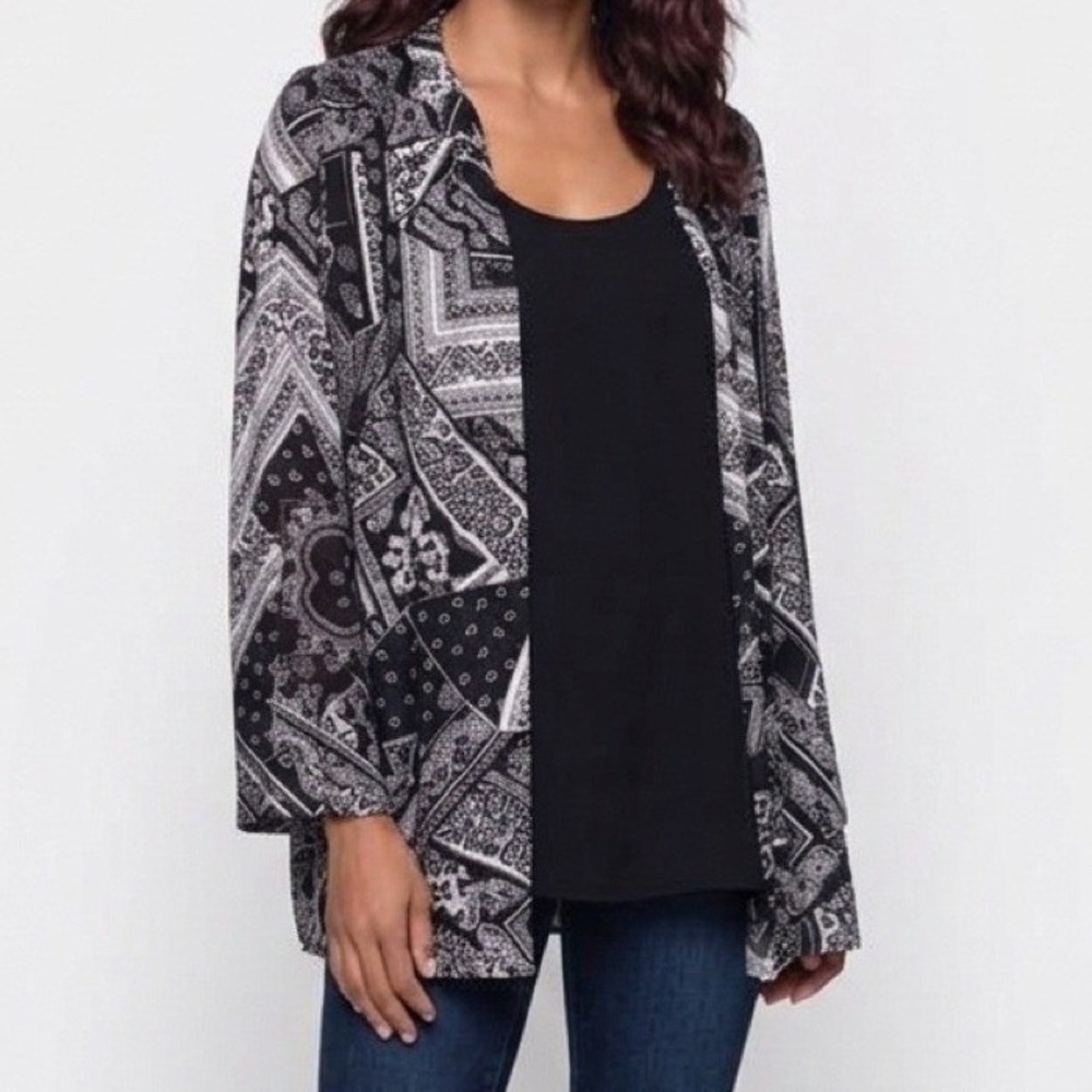 Christopher & Banks Cardigan Women Small‎ Black Paisley Boho Layered Top